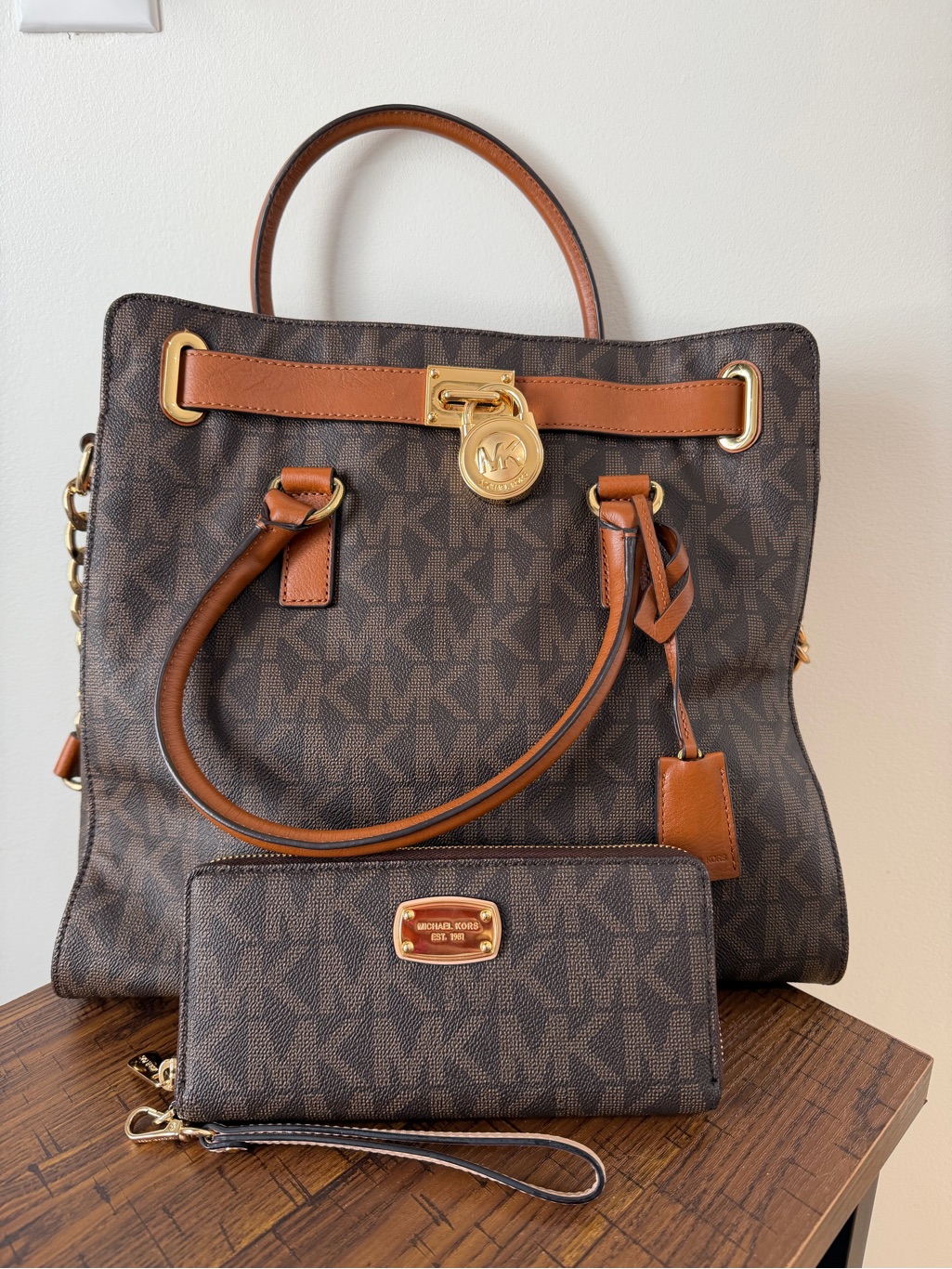 Michael Kors Brown Monogram Tote With Tan Leather Trim And Gold Hardware